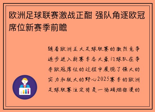 欧洲足球联赛激战正酣 强队角逐欧冠席位新赛季前瞻