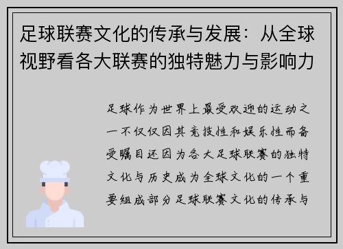 足球联赛文化的传承与发展：从全球视野看各大联赛的独特魅力与影响力