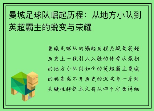 曼城足球队崛起历程：从地方小队到英超霸主的蜕变与荣耀