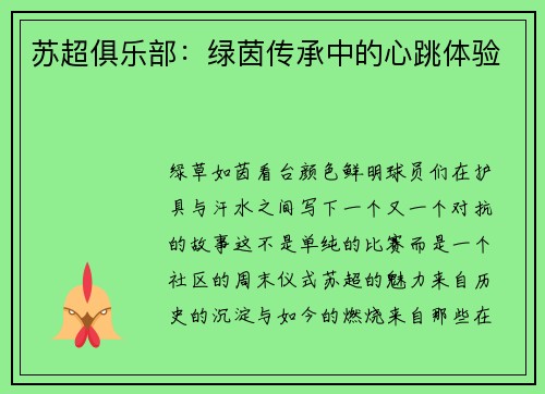 苏超俱乐部：绿茵传承中的心跳体验