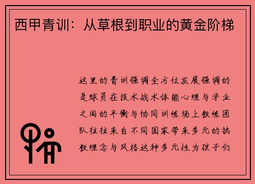 西甲青训：从草根到职业的黄金阶梯