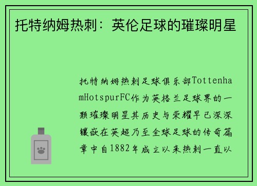 托特纳姆热刺：英伦足球的璀璨明星