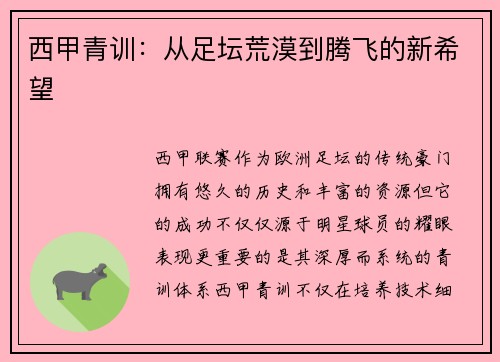 西甲青训：从足坛荒漠到腾飞的新希望