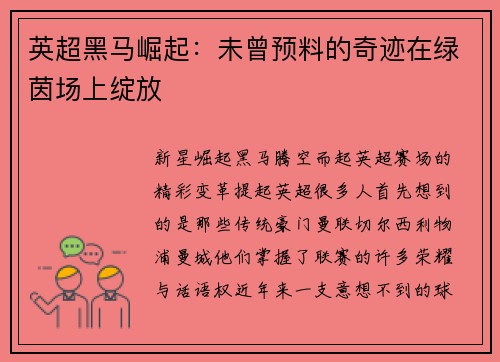 英超黑马崛起：未曾预料的奇迹在绿茵场上绽放